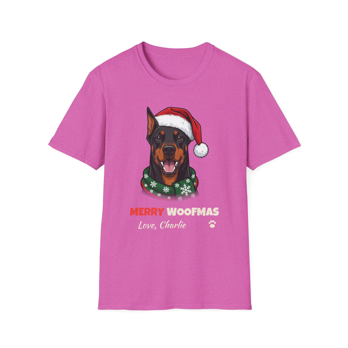 Merry Woofmas Doberman Christmas t-shirt in Heather Berry, front view