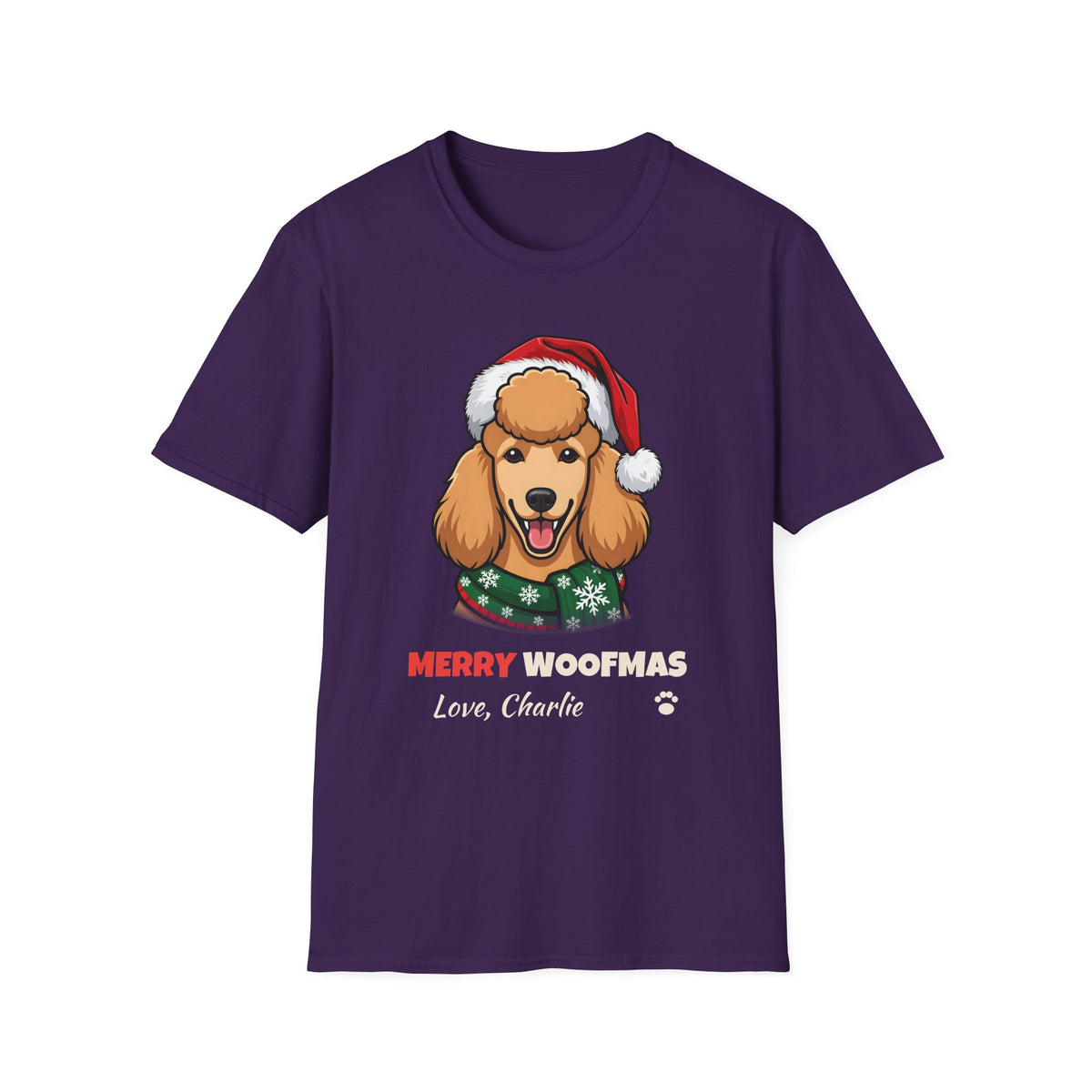 Merry Woofmas Poodle Christmas t-shirt in Purple, front view