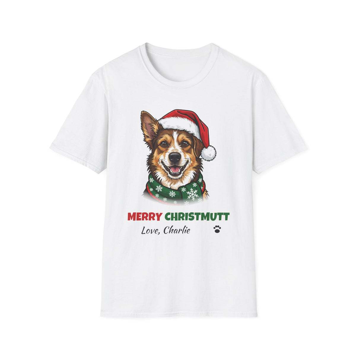 Merry Christmutt Mixed Breed Christmas t-shirt in White, front view