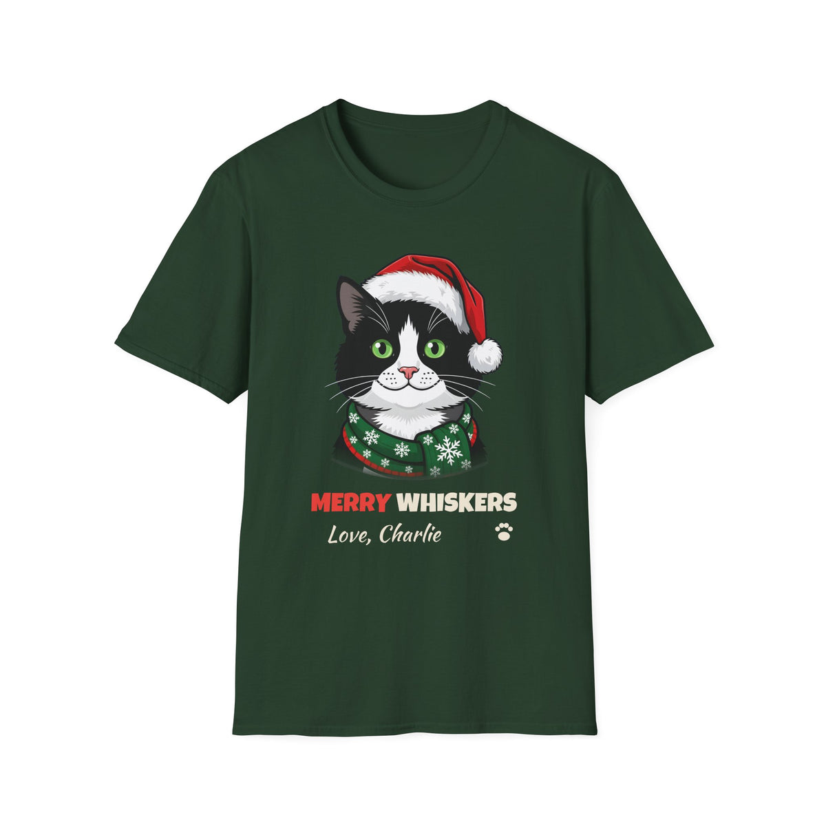Merry Whiskers Tuxedo Cat Christmas t-shirt in Forest Green, front view