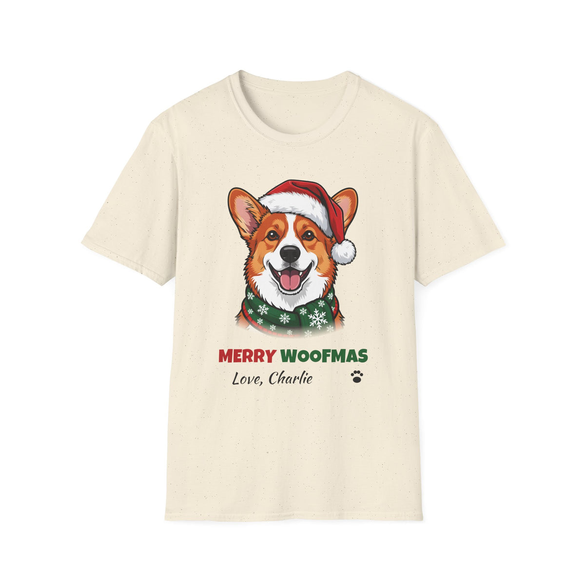 Merry Woofmas Corgi Christmas t-shirt in Natural, front view