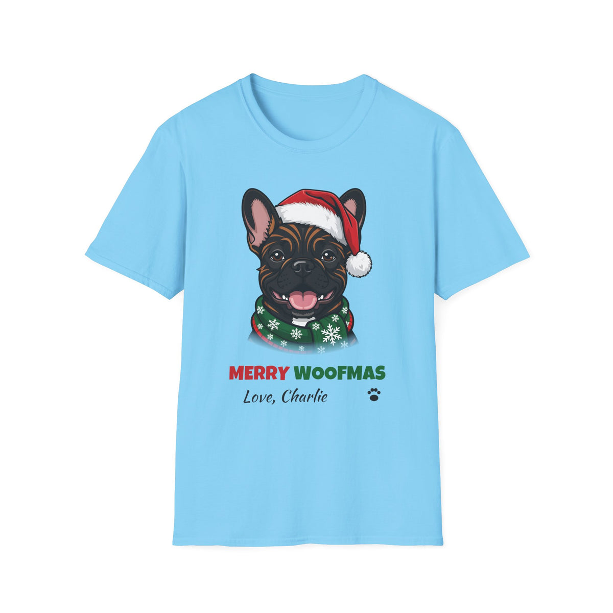 Merry Woofmas Brindle French Bulldog Christmas t-shirt in Sky, front view