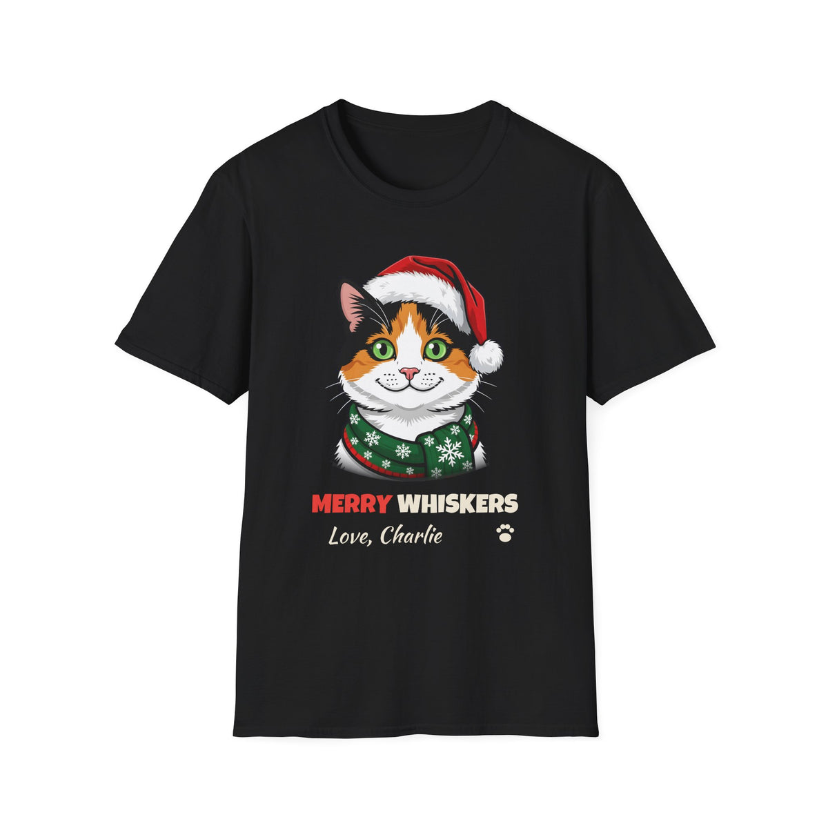 Merry Whiskers Calico Cat Christmas t-shirt in Black, front view