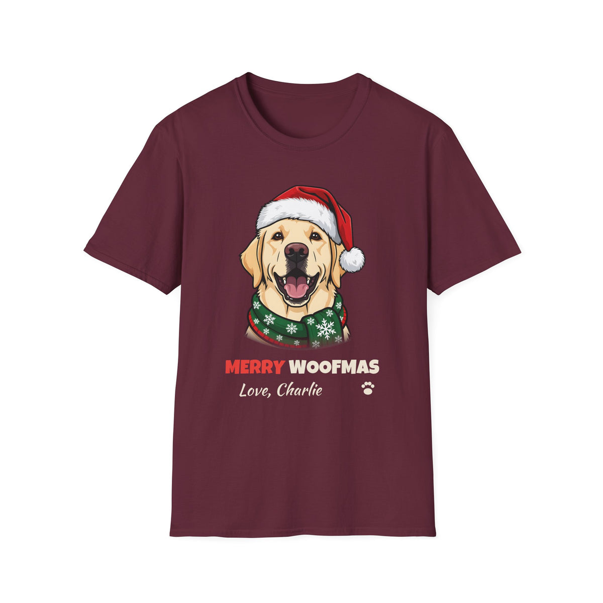 Merry Woofmas Yellow Labrador Christmas t-shirt in Maroon, front view