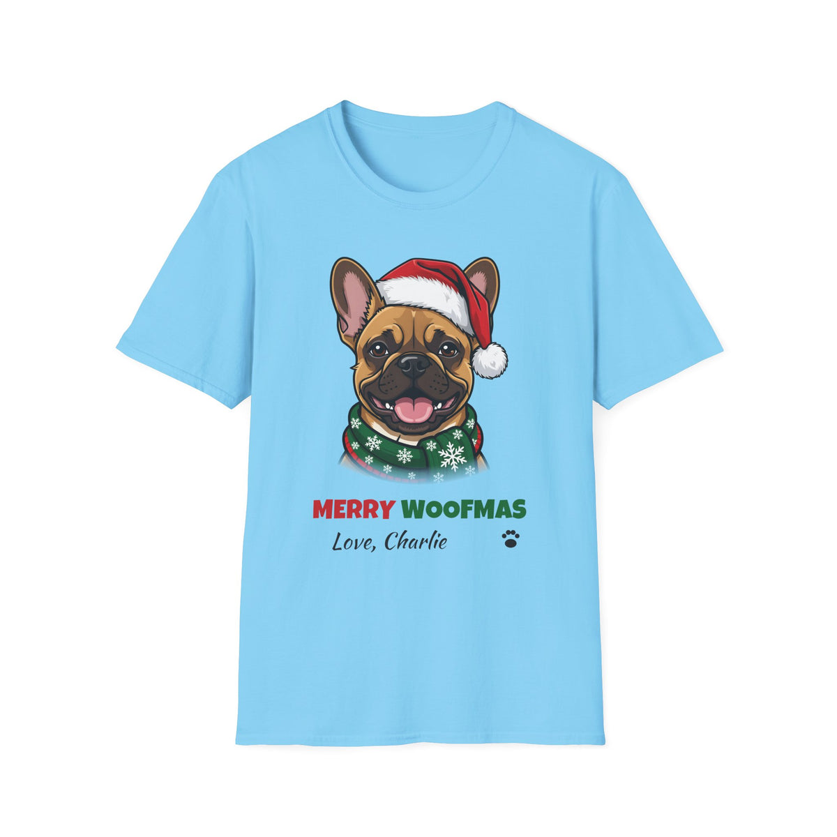 Merry Woofmas French Bulldog Christmas t-shirt in Sky, front view