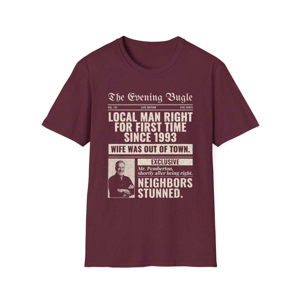 Evening Bugle Dad Joke t-shirt in Maroon, front view