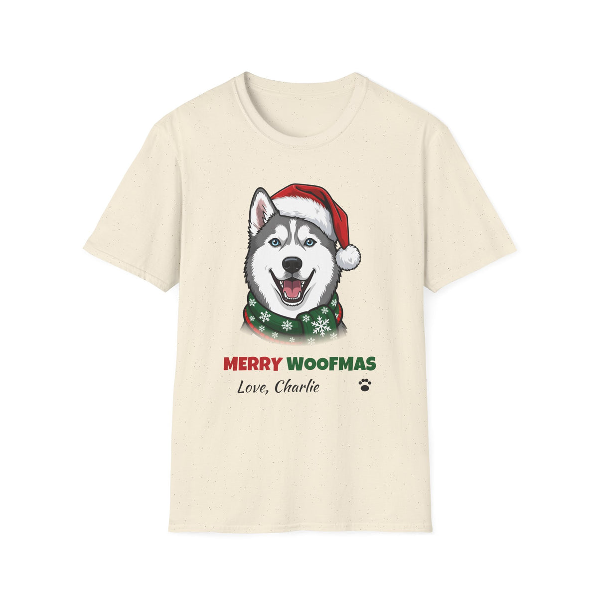 Merry Woofmas Siberian Husky Christmas t-shirt in Natural, front view