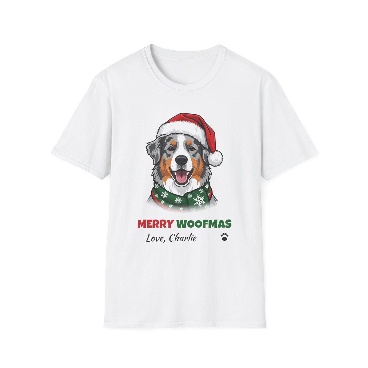 Merry Woofmas Blue Merle Australian Shepherd Christmas t-shirt in White, front view