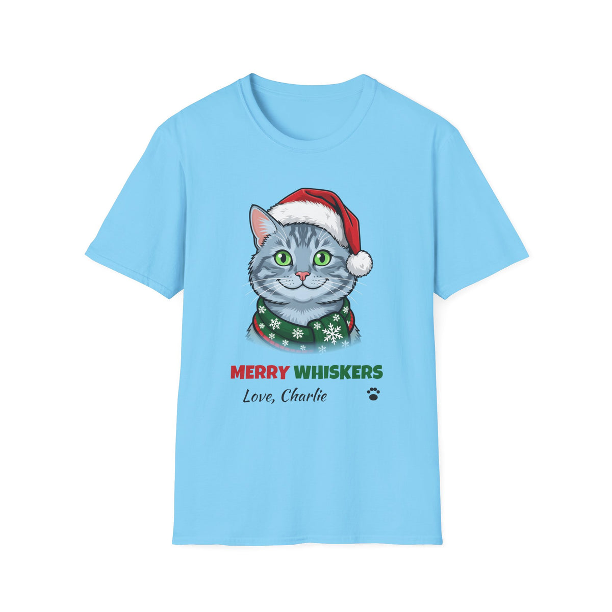 Merry Whiskers Gray Cat Christmas t-shirt in Sky, front view