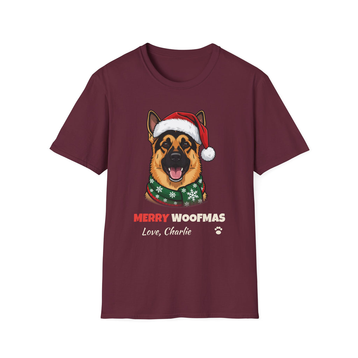 Merry Woofmas German Shepherd Christmas t-shirt in Maroon, front view