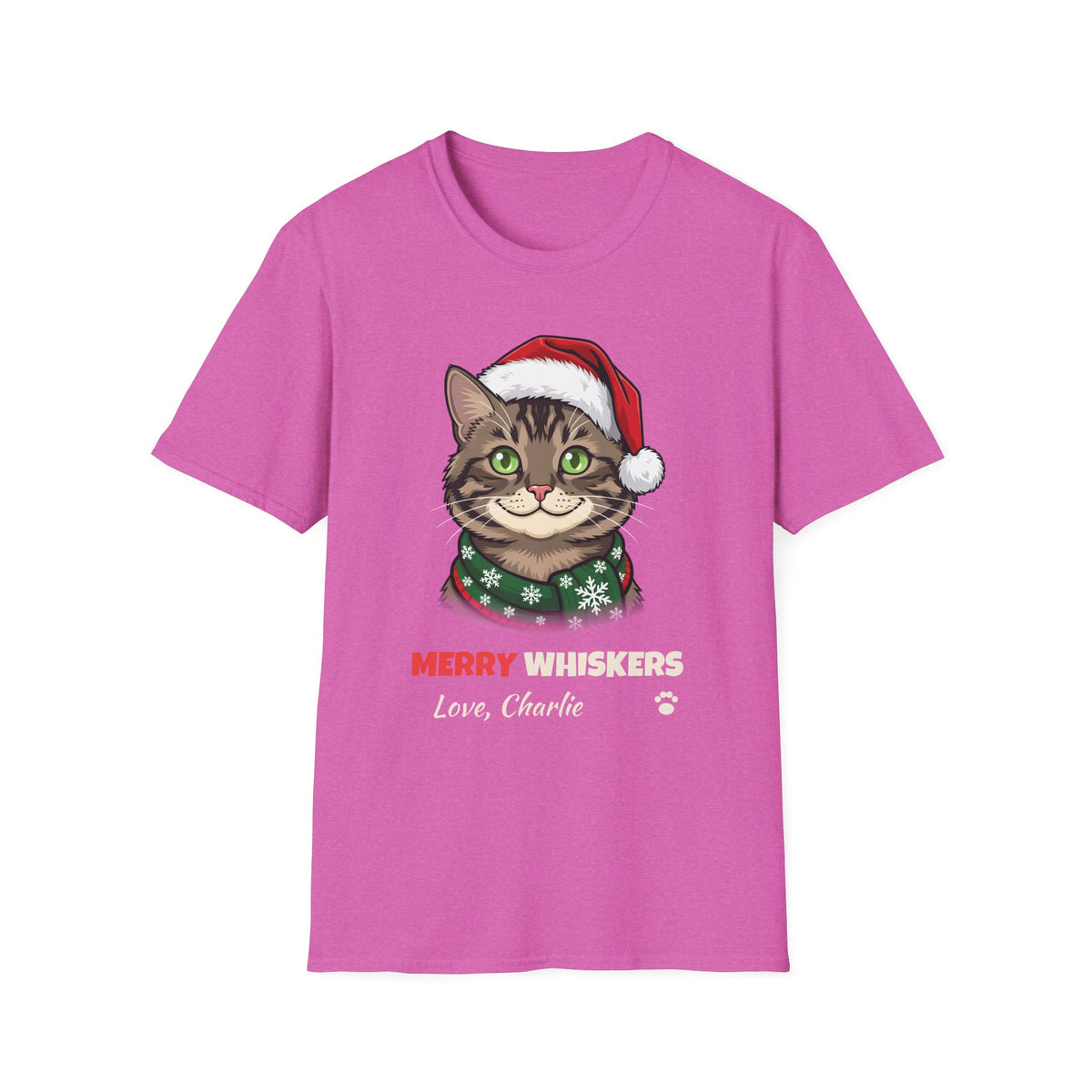 Merry Whiskers Brown Tabby Cat Christmas t-shirt in Heather Berry, front view