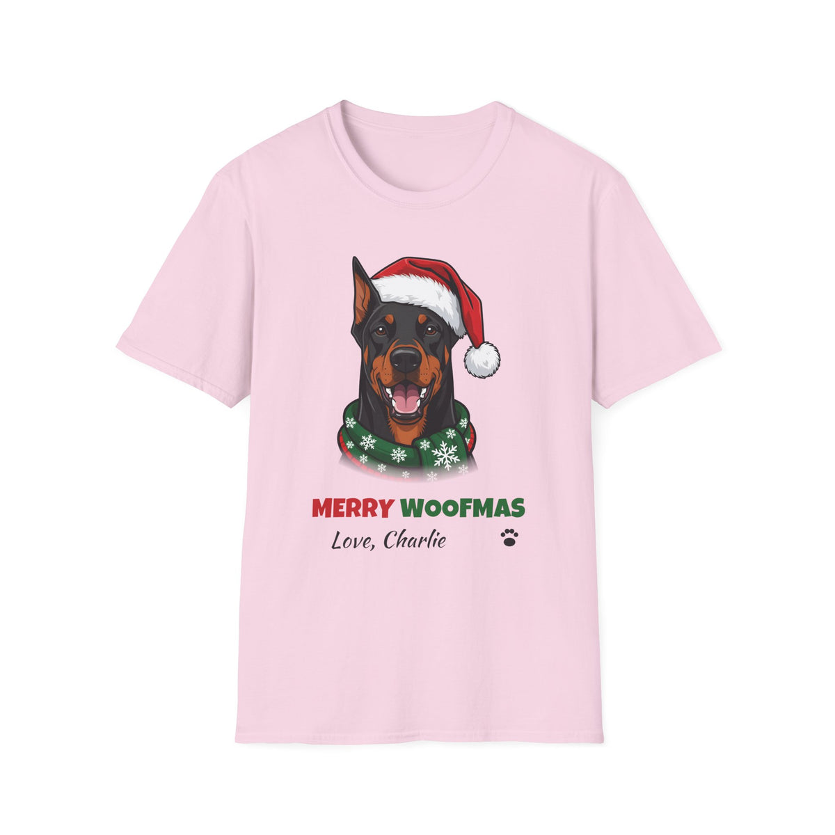 Merry Woofmas Doberman Christmas t-shirt in Light Pink, front view