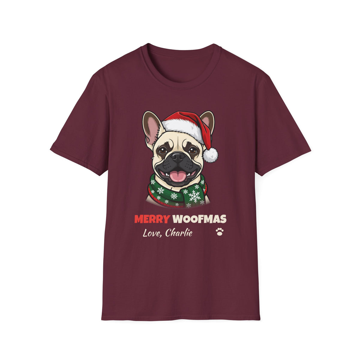Merry Woofmas Cream French Bulldog Christmas t-shirt in Maroon, front view
