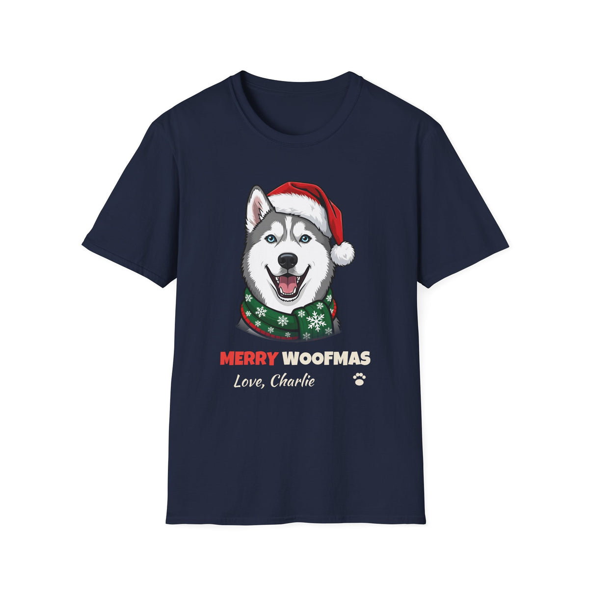 Merry Woofmas Siberian Husky Christmas t-shirt in Navy, front view