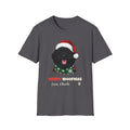 Merry Woofmas Black Goldendoodle Christmas t-shirt in Charcoal, front view