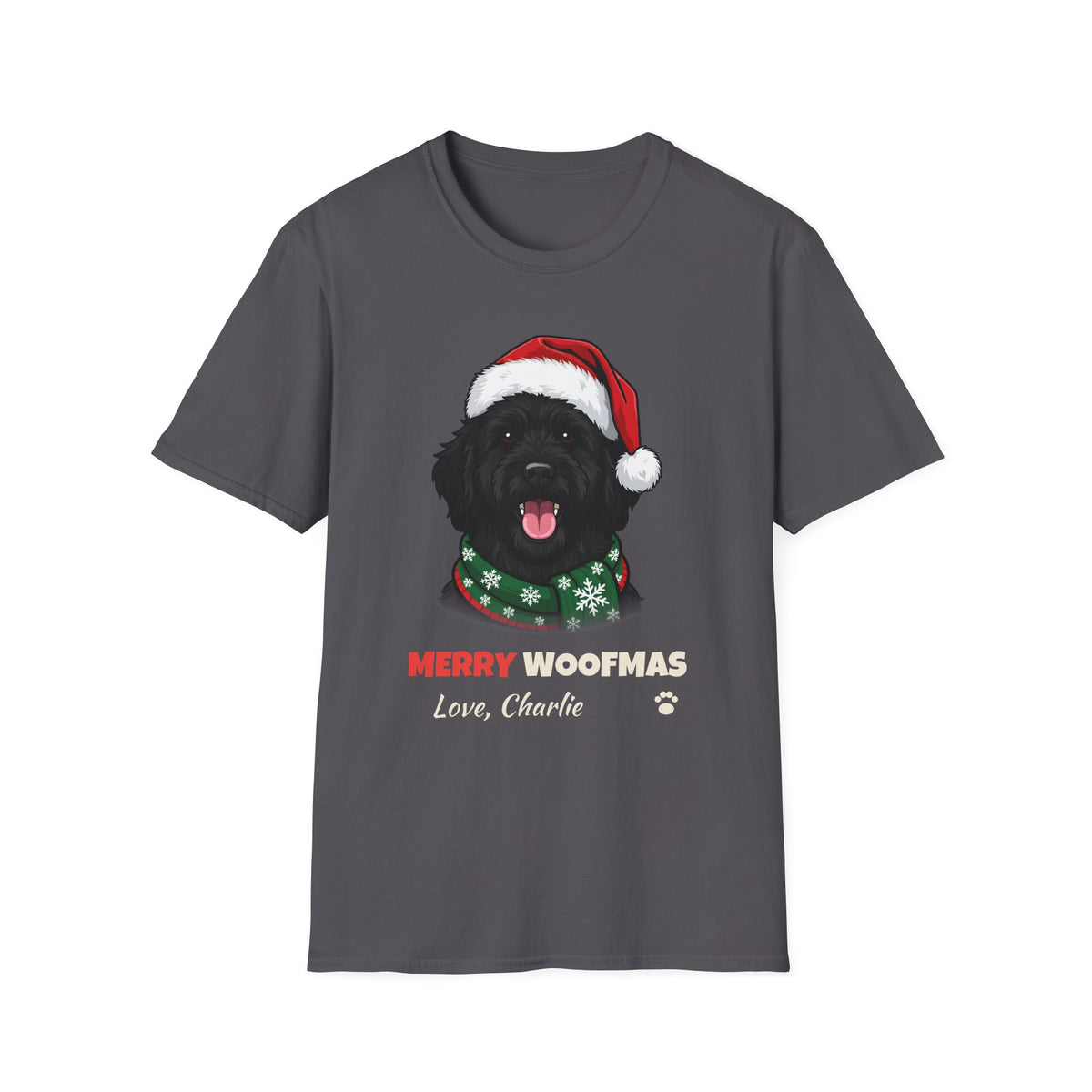 Merry Woofmas Black Goldendoodle Christmas t-shirt in Charcoal, front view
