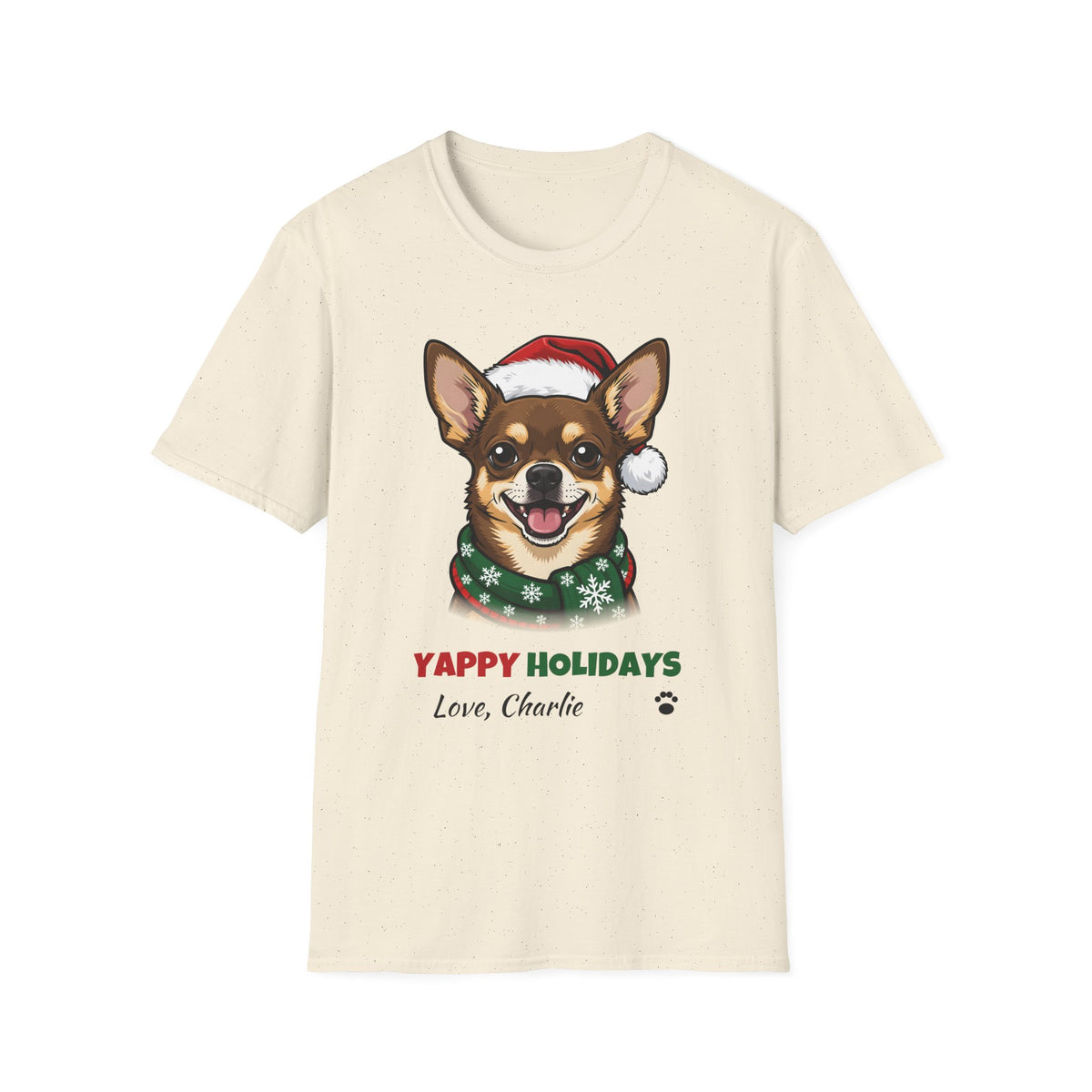 Yappy Holidays Chihuahua Christmas t-shirt in Natural, front view
