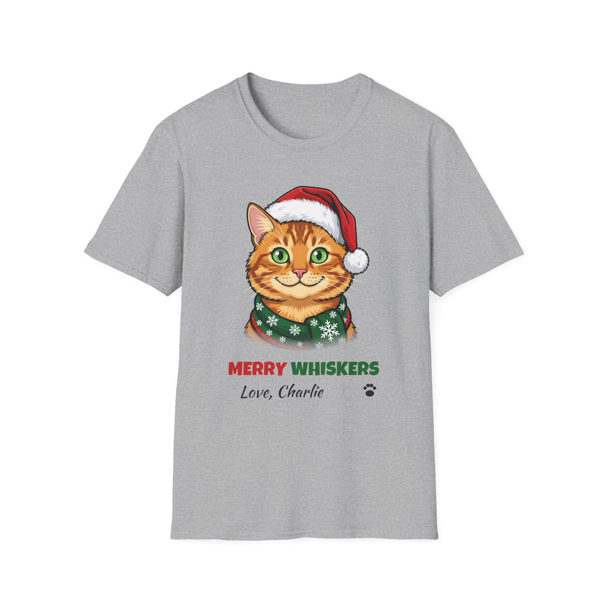 Merry Whiskers Ginger Tabby Cat Christmas t-shirt in Sport Gray, front view