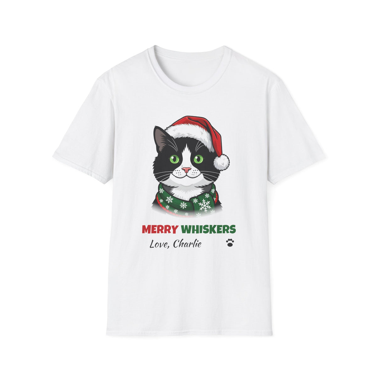Merry Whiskers Tuxedo Cat Christmas t-shirt in White, front view