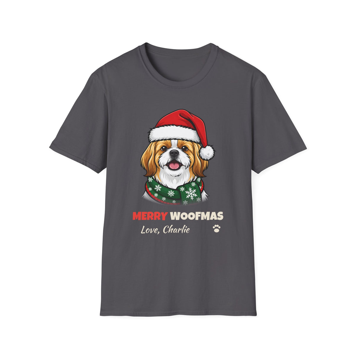 Merry Woofmas Shih Tzu Christmas t-shirt in Charcoal, front view