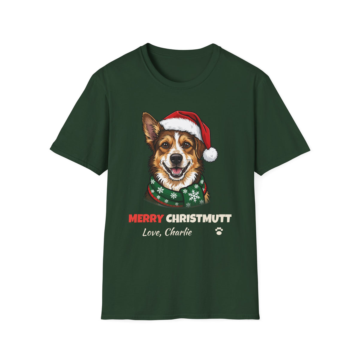 Merry Christmutt Mixed Breed Christmas t-shirt in Forest Green, front view