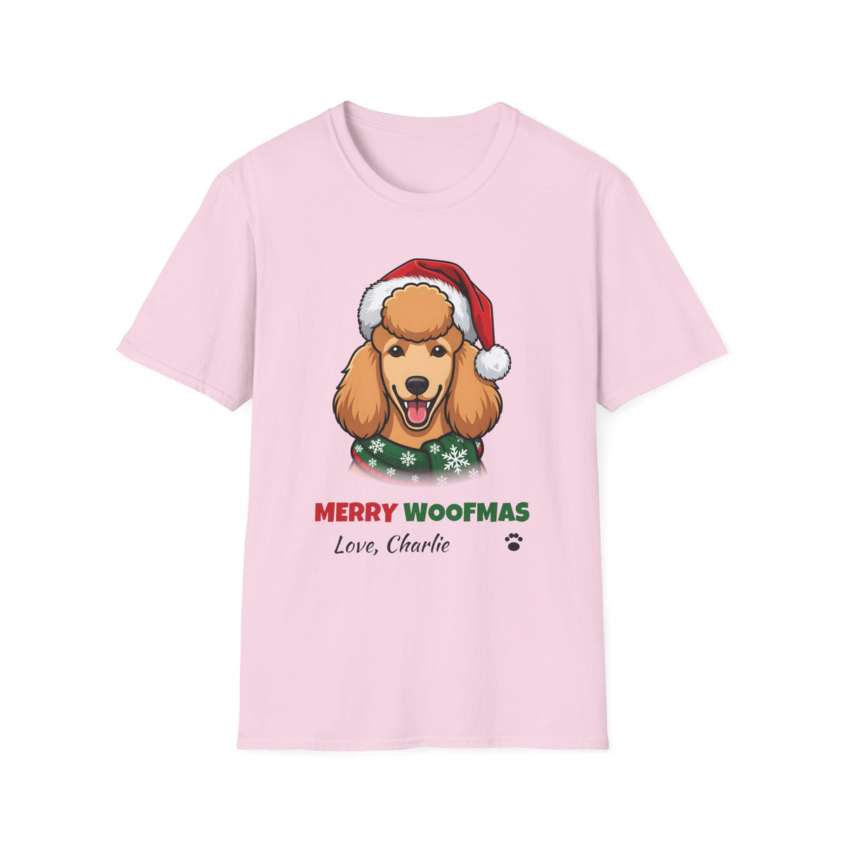 Merry Woofmas Poodle Christmas t-shirt in Light Pink, front view