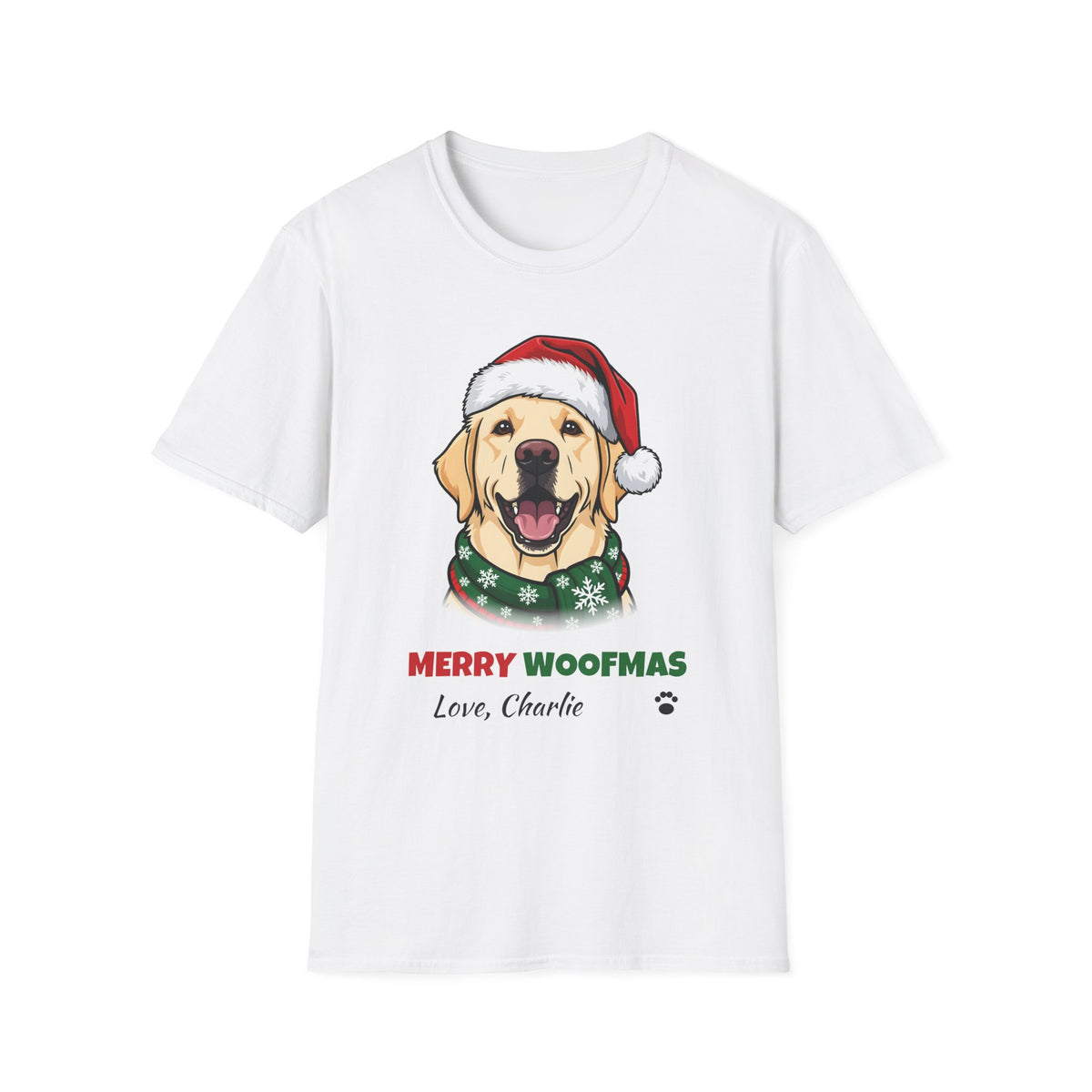 Merry Woofmas Yellow Labrador Christmas t-shirt in White, front view
