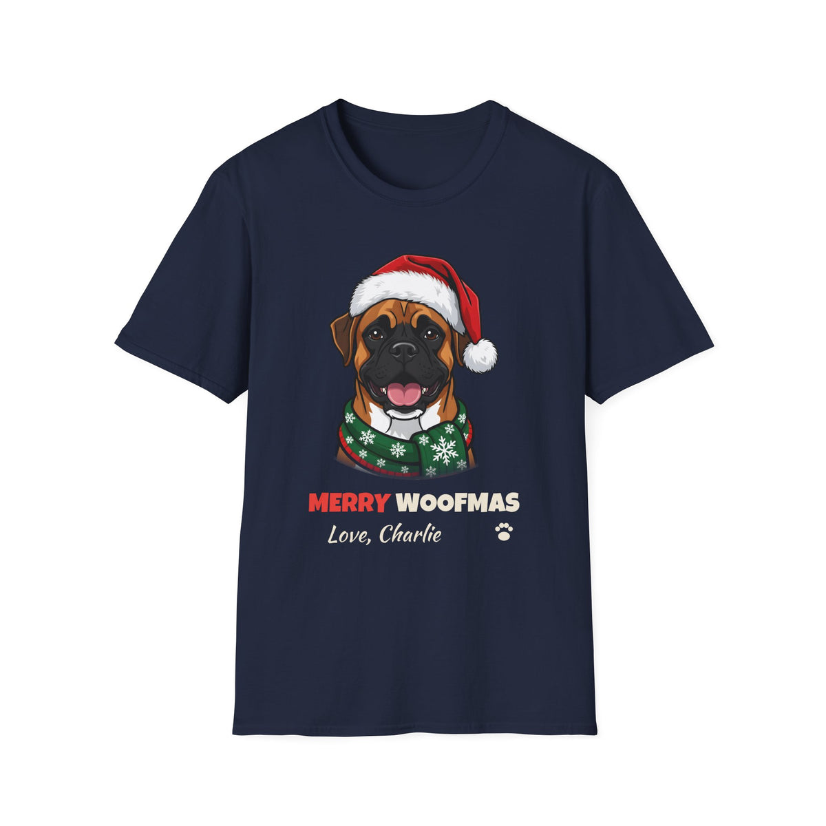 Merry Woofmas Boxer Christmas t-shirt in Navy, front view