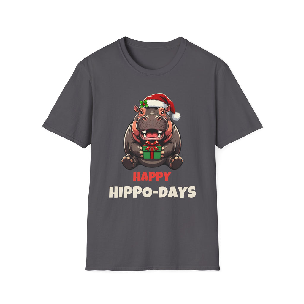 Happy Hippo-Days Christmas t-shirt in Charcoal, front view