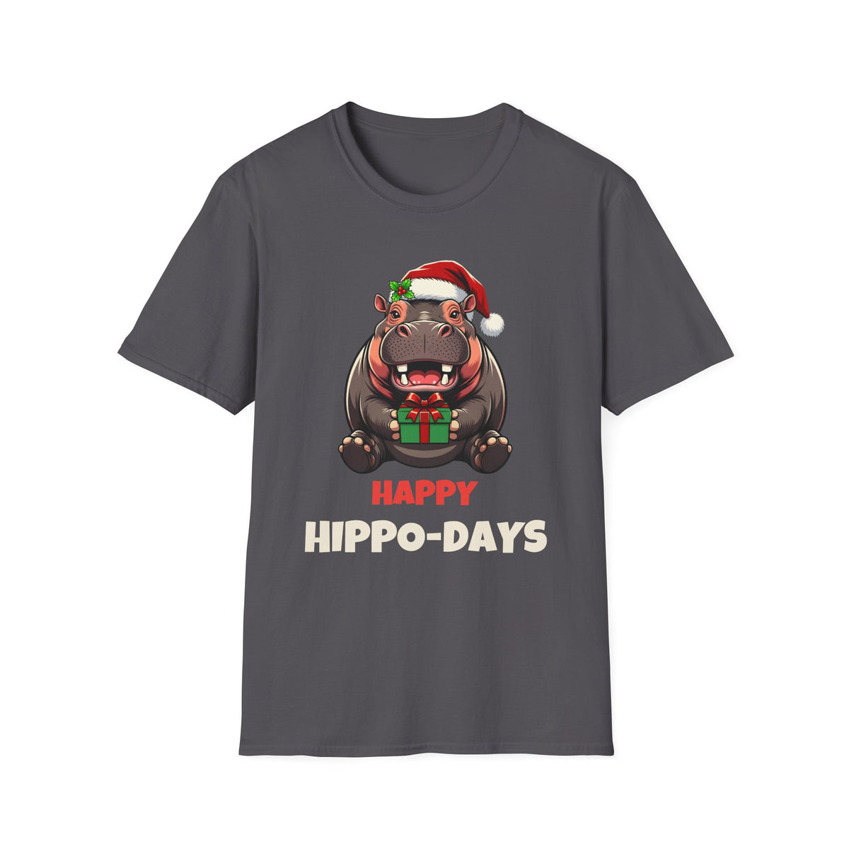 Happy Hippo-Days Christmas t-shirt in Charcoal, front view