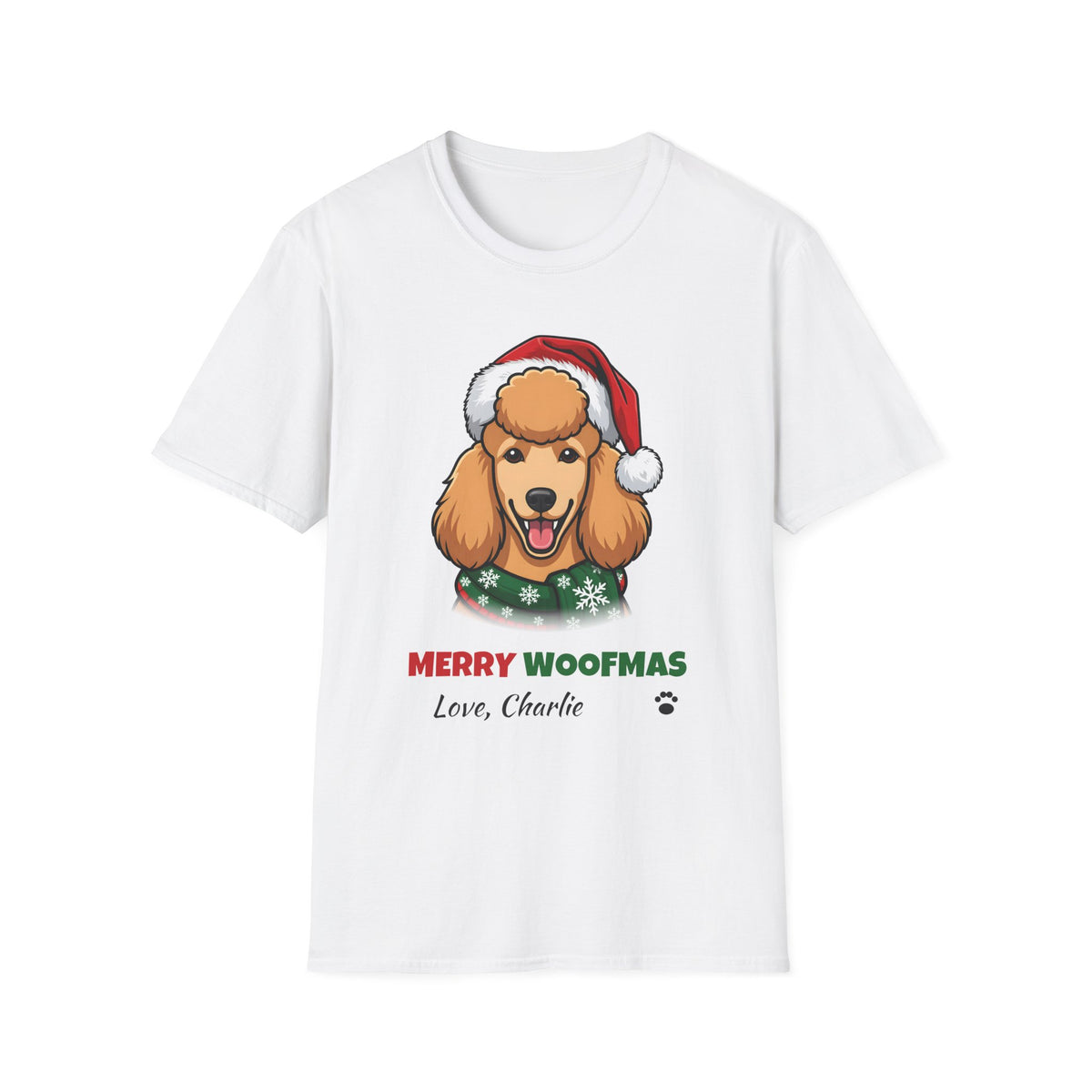 Merry Woofmas Poodle Christmas t-shirt in White, front view