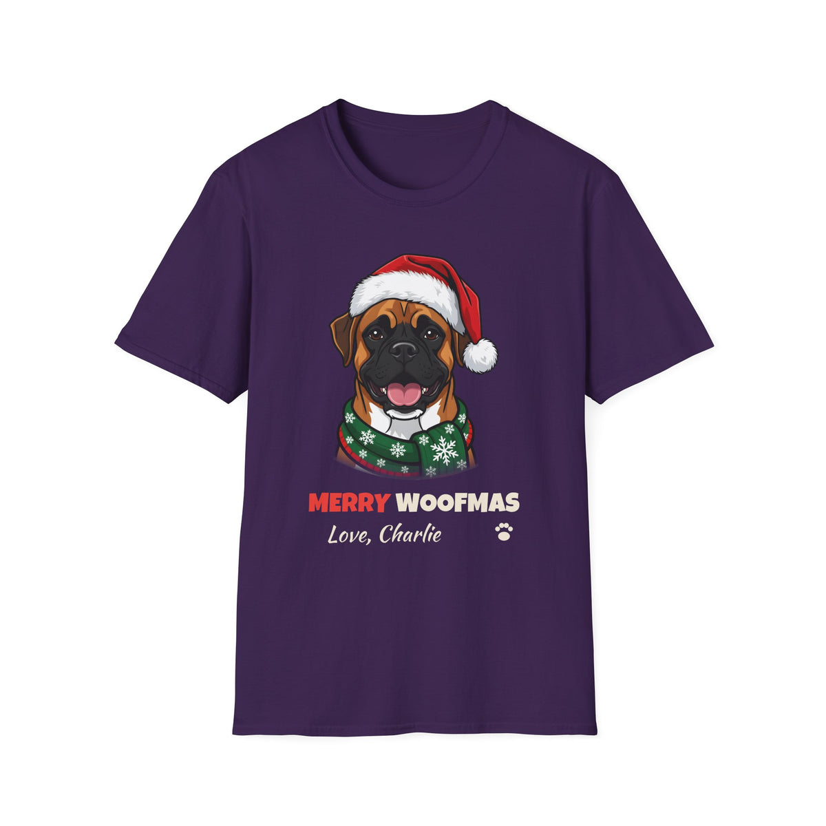 Merry Woofmas Boxer Christmas t-shirt in Purple, front view