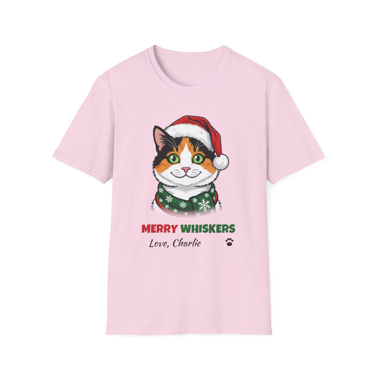Merry Whiskers Calico Cat Christmas t-shirt in Light Pink, front view
