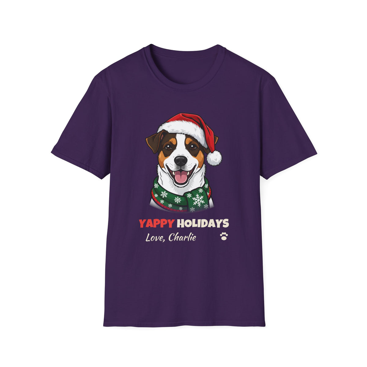 Yappy Holidays Jack Russell Terrier Christmas t-shirt in Purple, front view