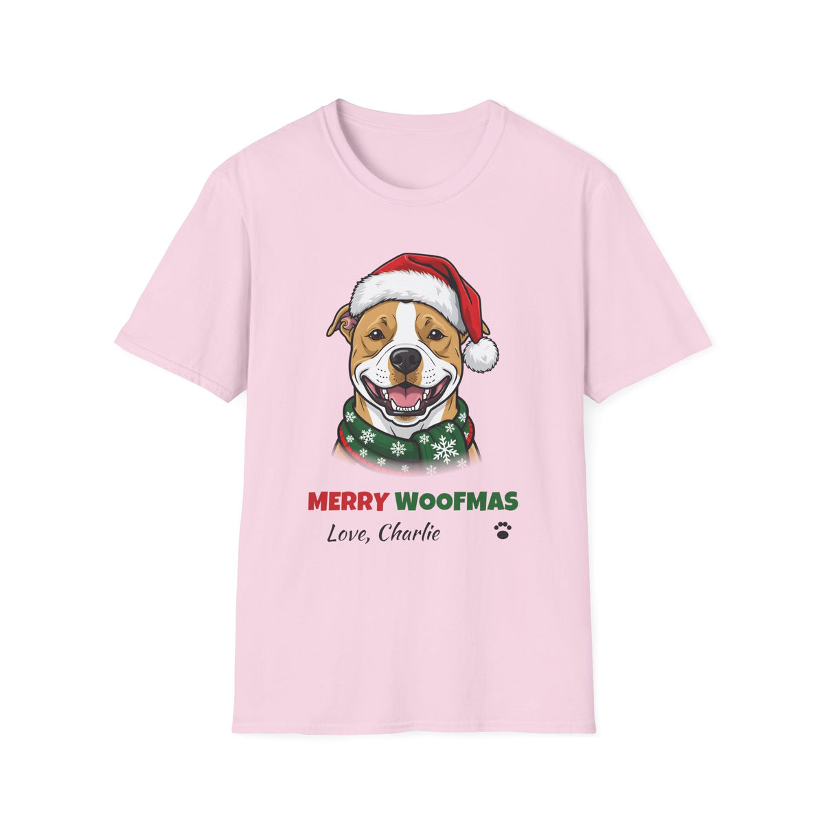 Merry Woofmas Pit Bull Christmas t-shirt in Light Pink, front view