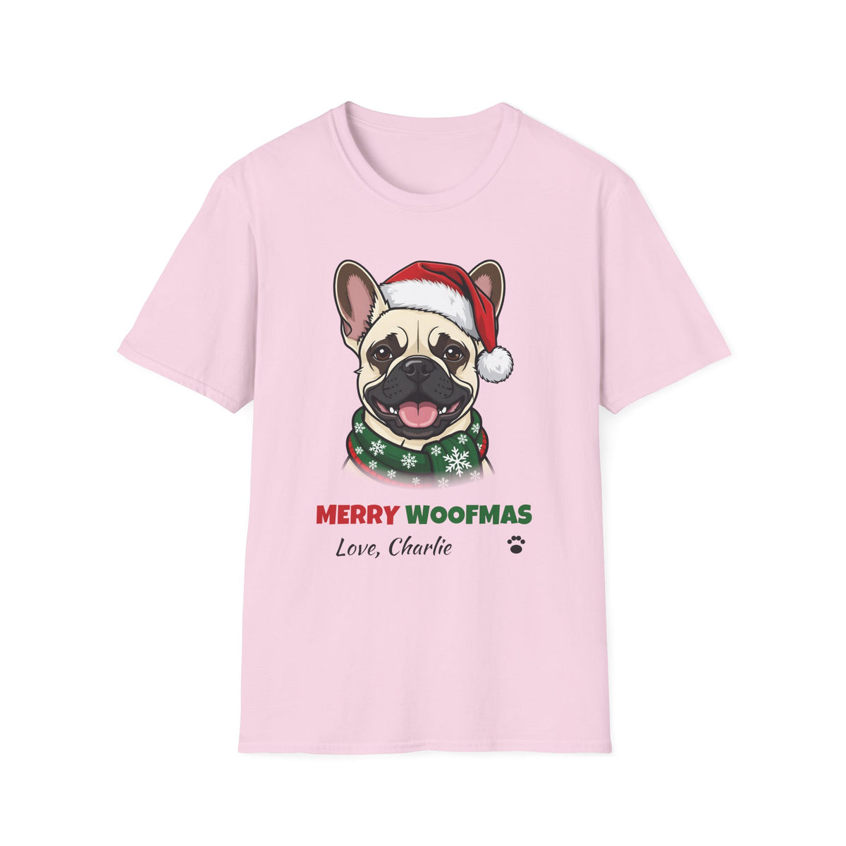Merry Woofmas Cream French Bulldog Christmas t-shirt in Light Pink, front view
