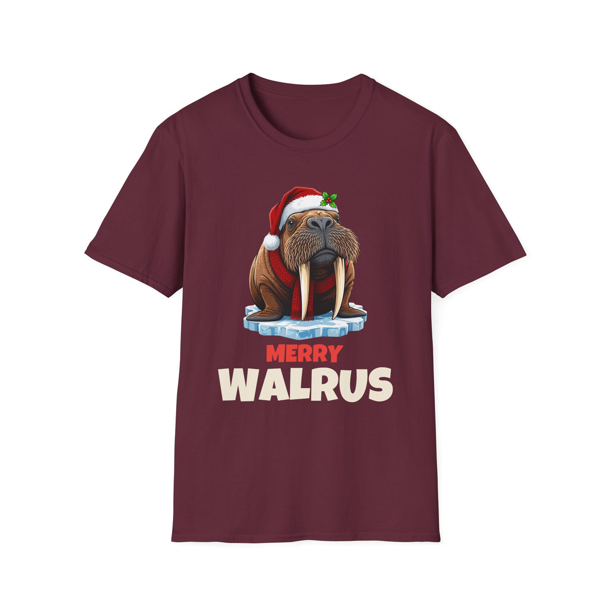 Merry Walrus Christmas t-shirt in Maroon, front view