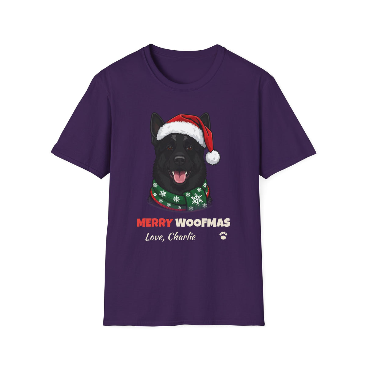 Merry Woofmas Black German Shepherd Christmas t-shirt in Purple, front view