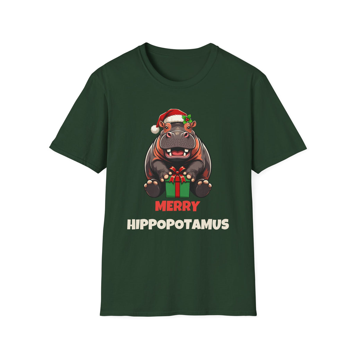 Merry Hippopotamus Christmas t-shirt in Forest Green, front view