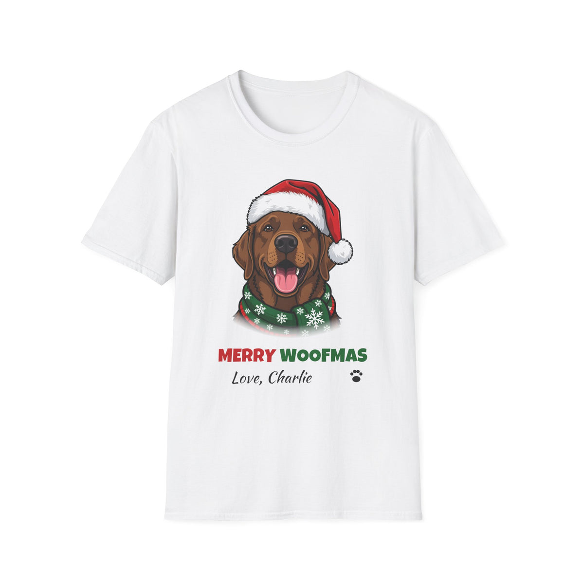 Merry Woofmas Chocolate Labrador Christmas t-shirt in White, front view