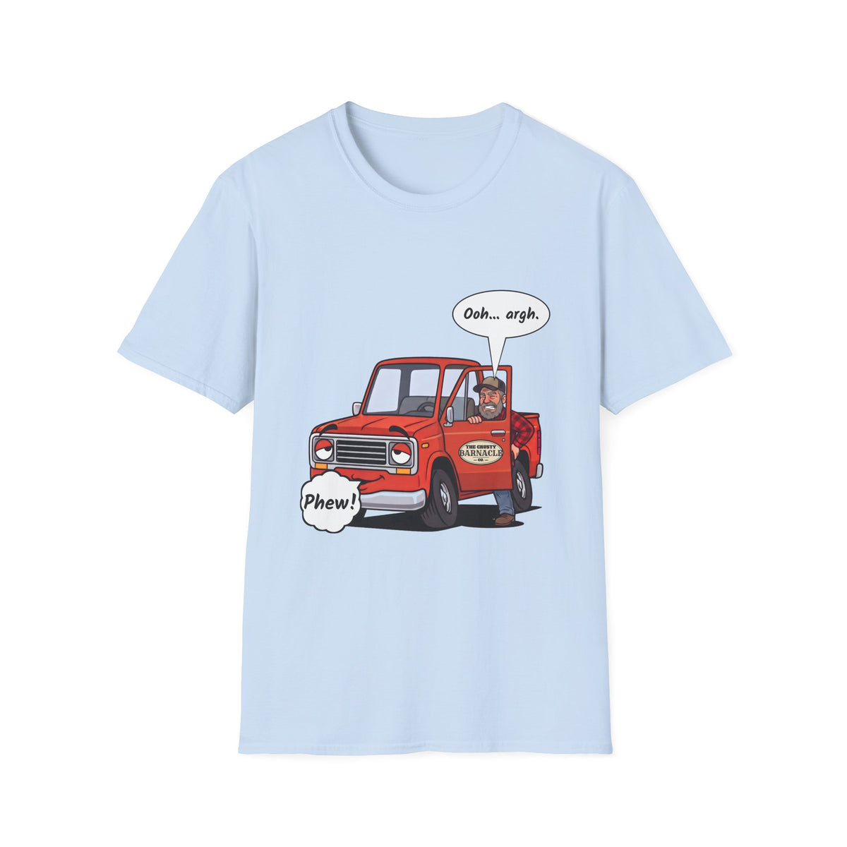 Tired Truck Phew t-shirt in Light Blue, front view