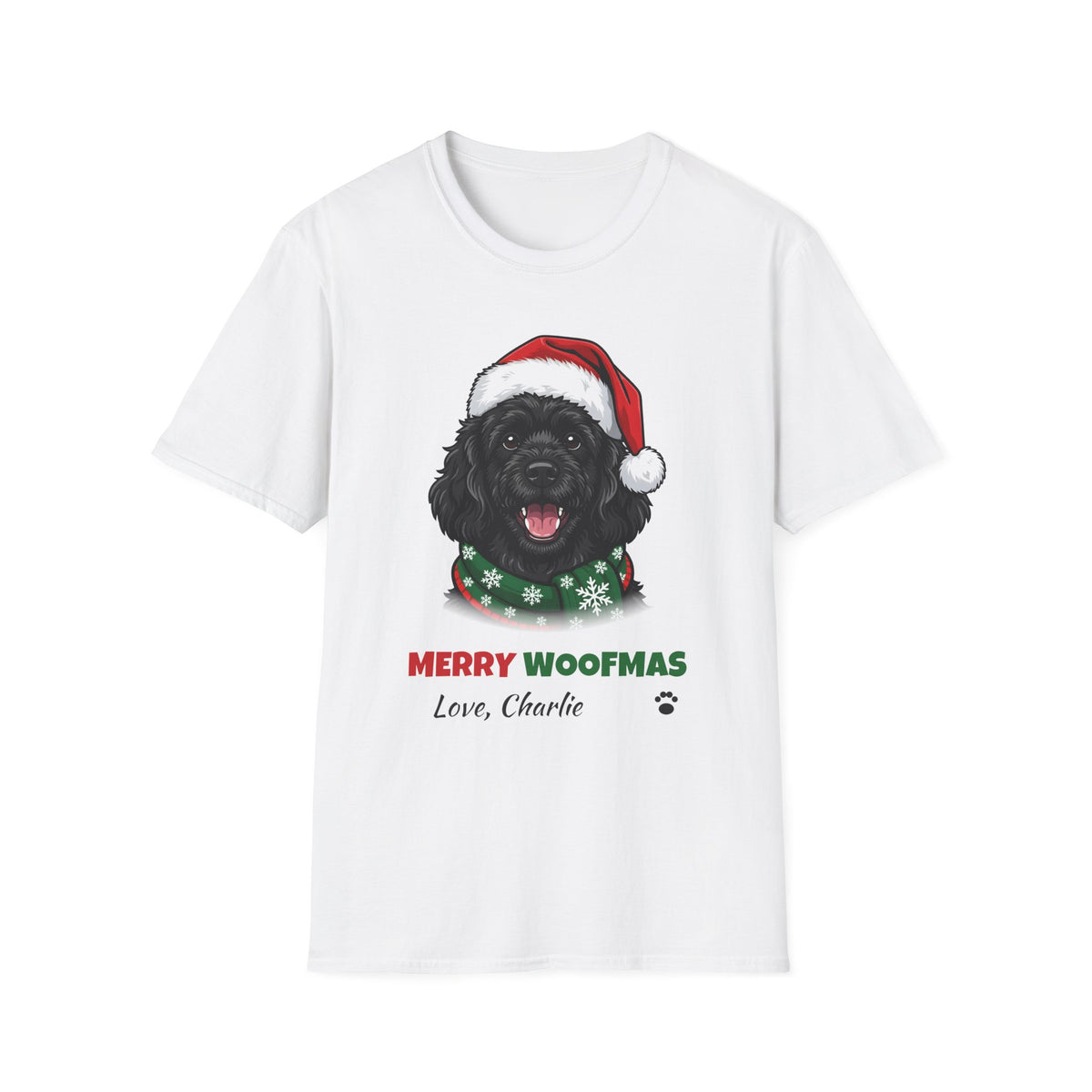 Merry Woofmas Cavapoo Christmas t-shirt in White, front view