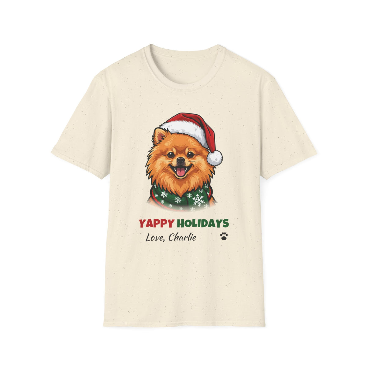 Yappy Holidays Pomeranian Christmas t-shirt in Natural, front view