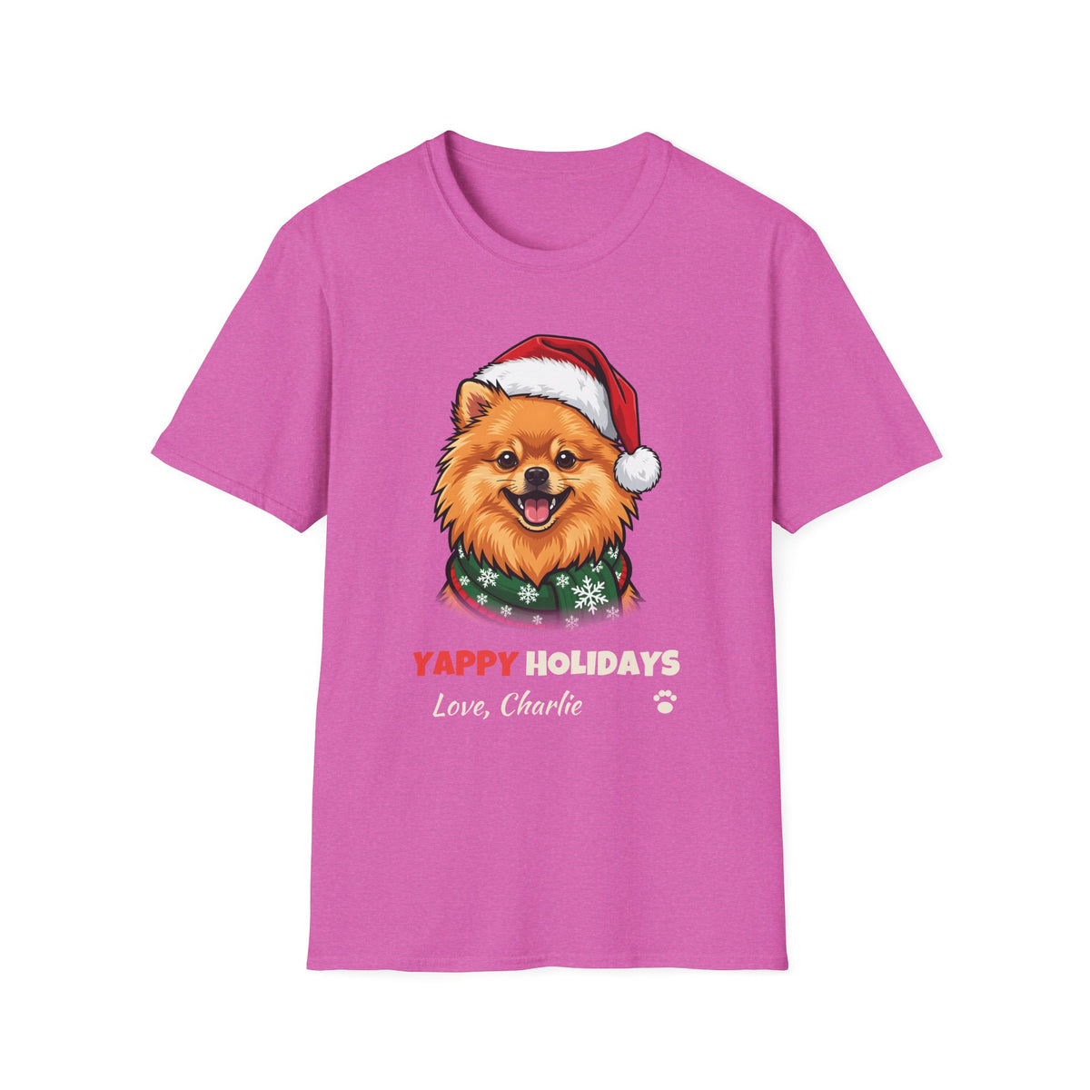 Yappy Holidays Pomeranian Christmas t-shirt in Heather Berry, front view