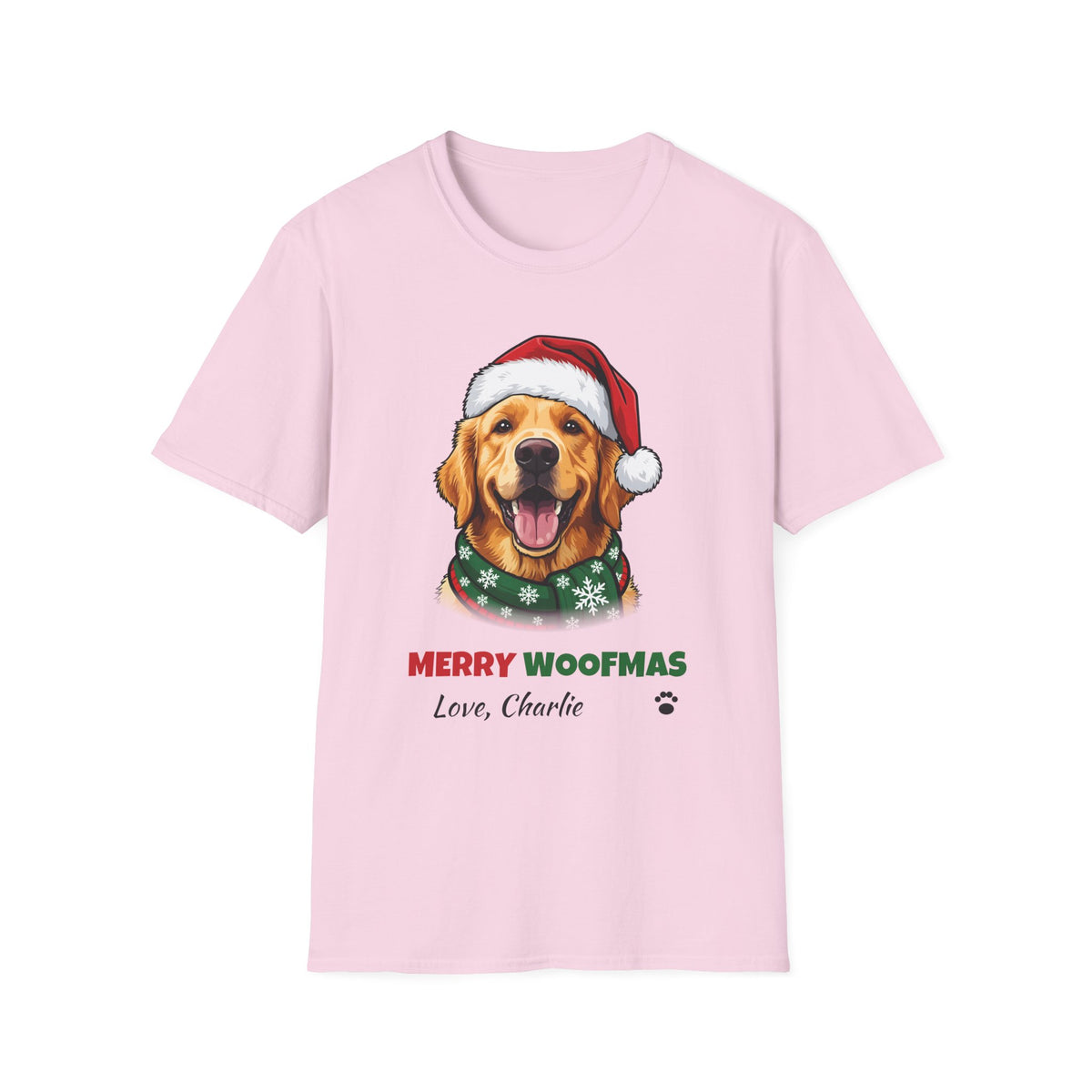 Merry Woofmas Golden Retriever Christmas t-shirt in Light Pink, front view