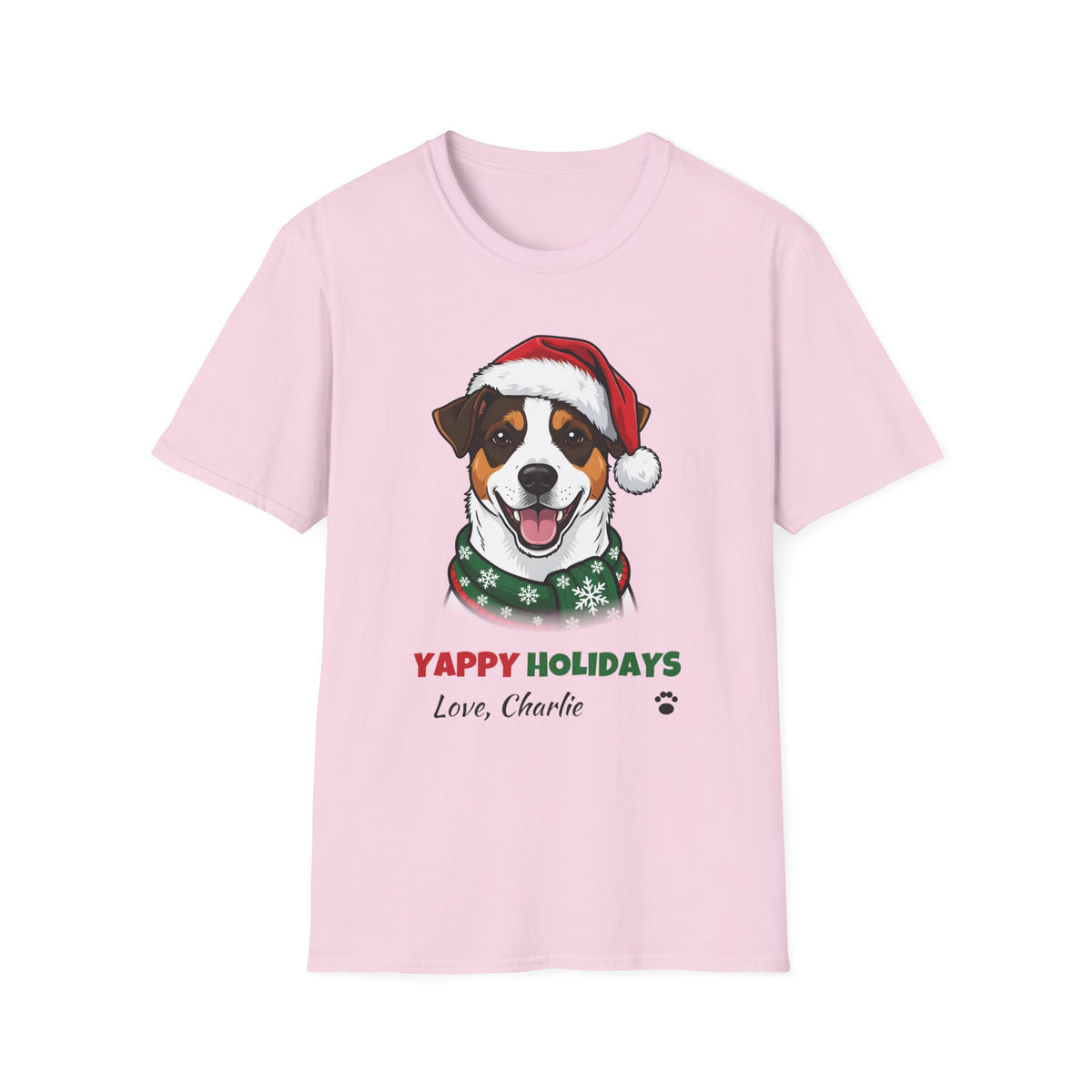 Yappy Holidays Jack Russell Terrier Christmas t-shirt in Light Pink, front view