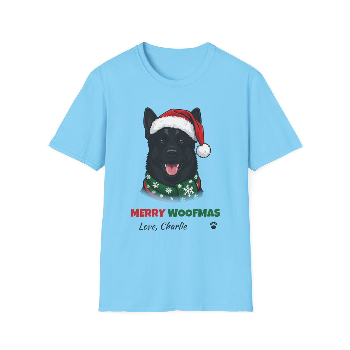 Merry Woofmas Black German Shepherd Christmas t-shirt in Sky, front view