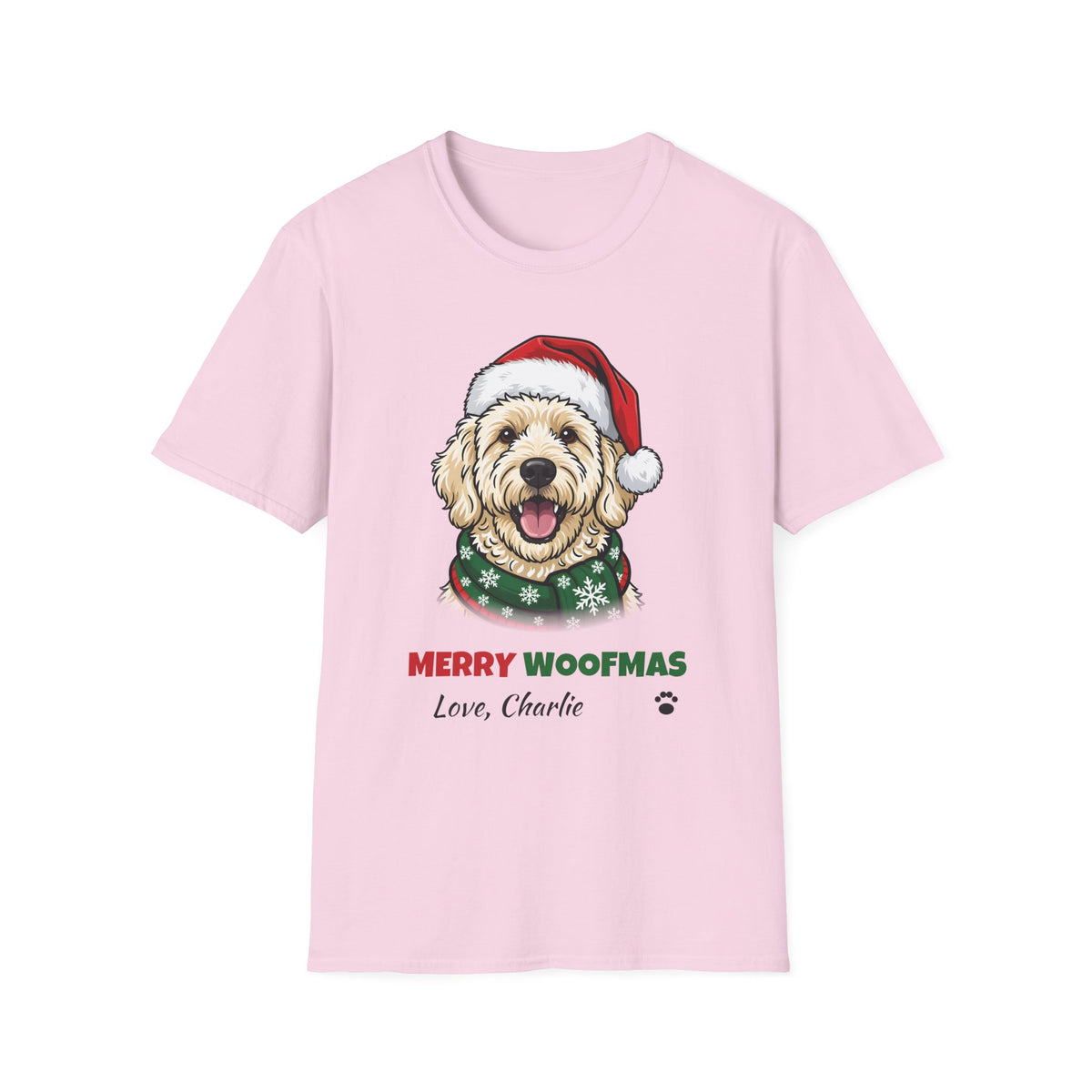 Merry Woofmas Labradoodle Christmas t-shirt in Light Pink, front view