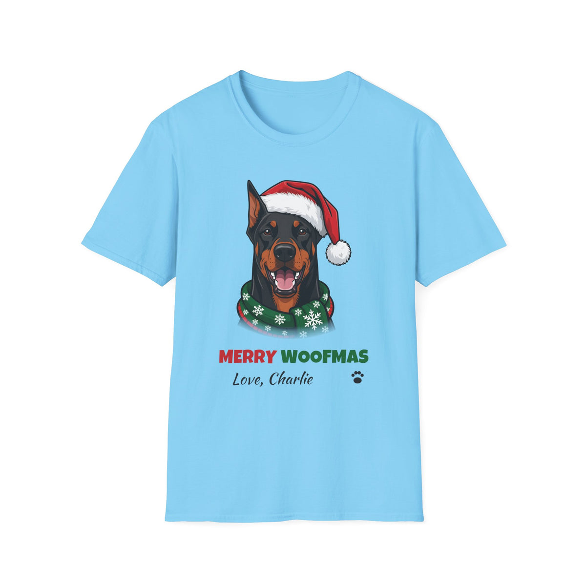 Merry Woofmas Doberman Christmas t-shirt in Sky, front view