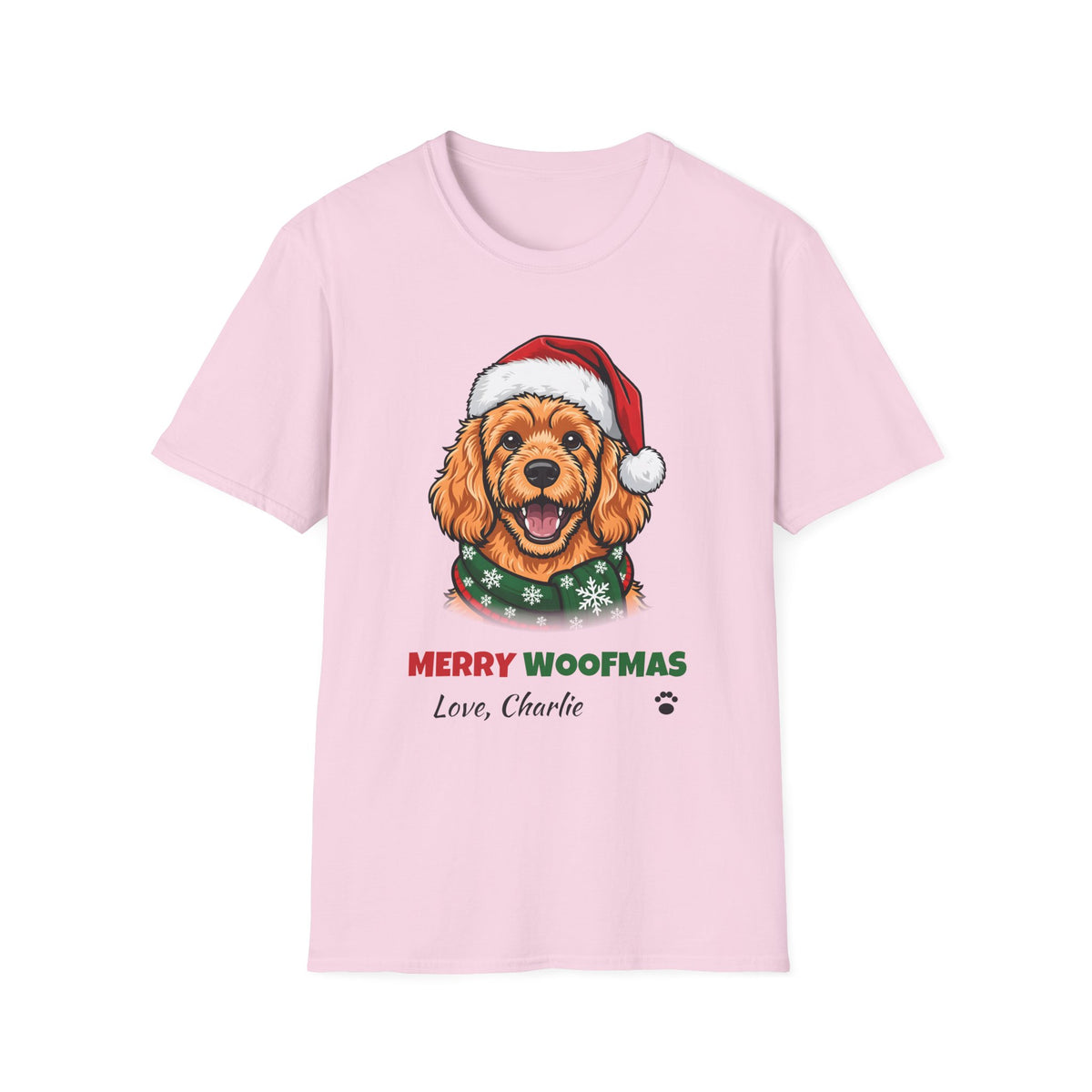 Merry Woofmas Apricot Cavapoo Christmas t-shirt in Light Pink, front view